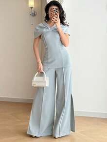 Modelyn Women's Elegant Commuter Poncho Top And Pants Set - Blue - View 4