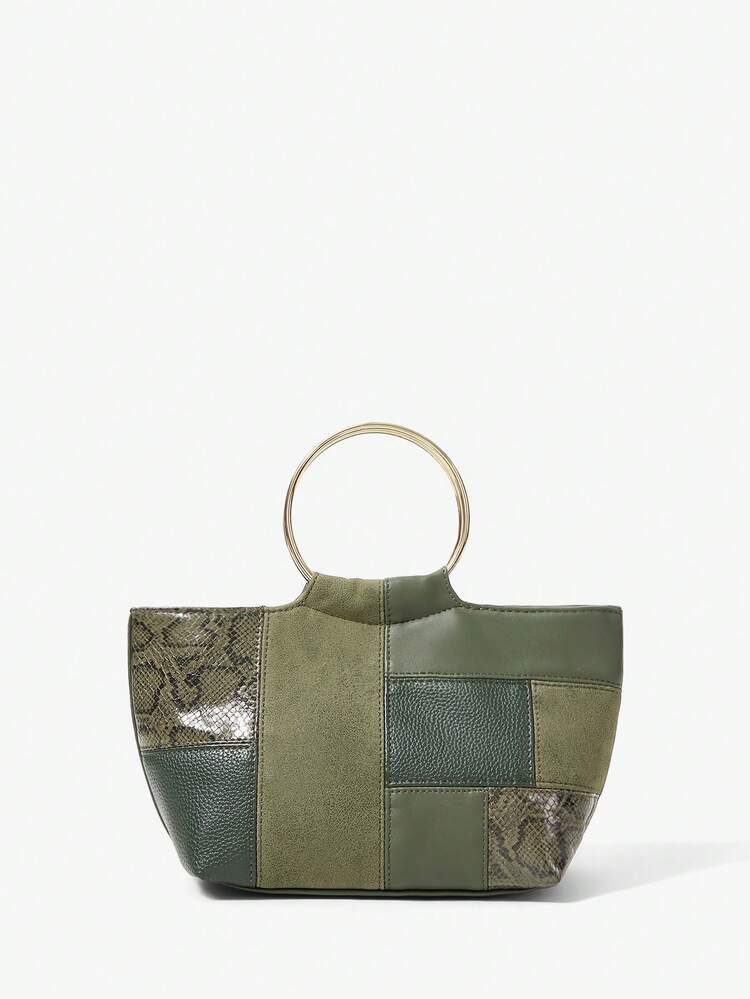 SHEIN Maija Ladies, Women Top Handle Bags, Retro, Vintage, Hardware Handle, PU Splicing, Fashionable, Elegant, Simple, Personalized, Versatile, Classic, For Commute, Office, Date, Daily, Shopping, Afternoon Tea