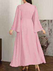 Modelyn Plus Size Women's Elegant Long Dress With Stand Collar And Flowing Scarf, Deep Red - Pink - View 2