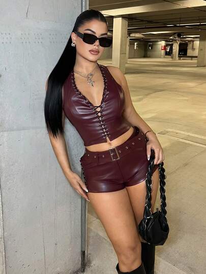 Dayanna Comas 2pcs Women Burgundy Deep-V Halter Top And High Slit Binding Shorts Set Brown Leather Two Piece Set