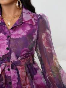 SHEIN Lady Women's Elegant Party Floral All-Over Print Front Button Dress - Purple - View 7