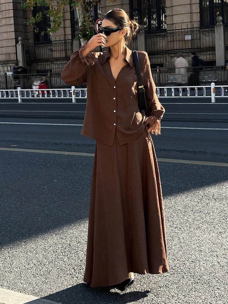Women's Solid Color Long Sleeve Single-Breasted Shirt And Midi Skirt Casual 2-Piece Set