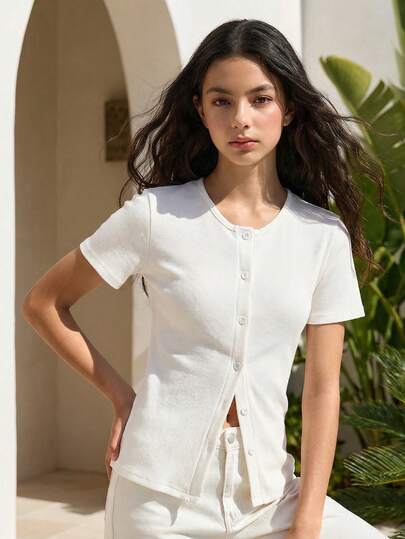 Sparklyn Teen Girls' Sweet And Spicy Style White Short Sleeve Knitted Cardigan T-Shirt, Slim-Fitting & Flattering, Versatile For Daily School & Casual Outfits In Spring And Summer