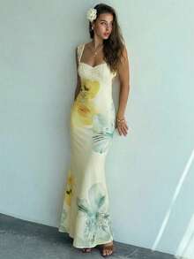 Aloruh 新款浪漫黄色渐变花卉网纱印花紧身弹力性感露背连衣裙，饰有蕾丝边 - 淡黃色 - 查看 7