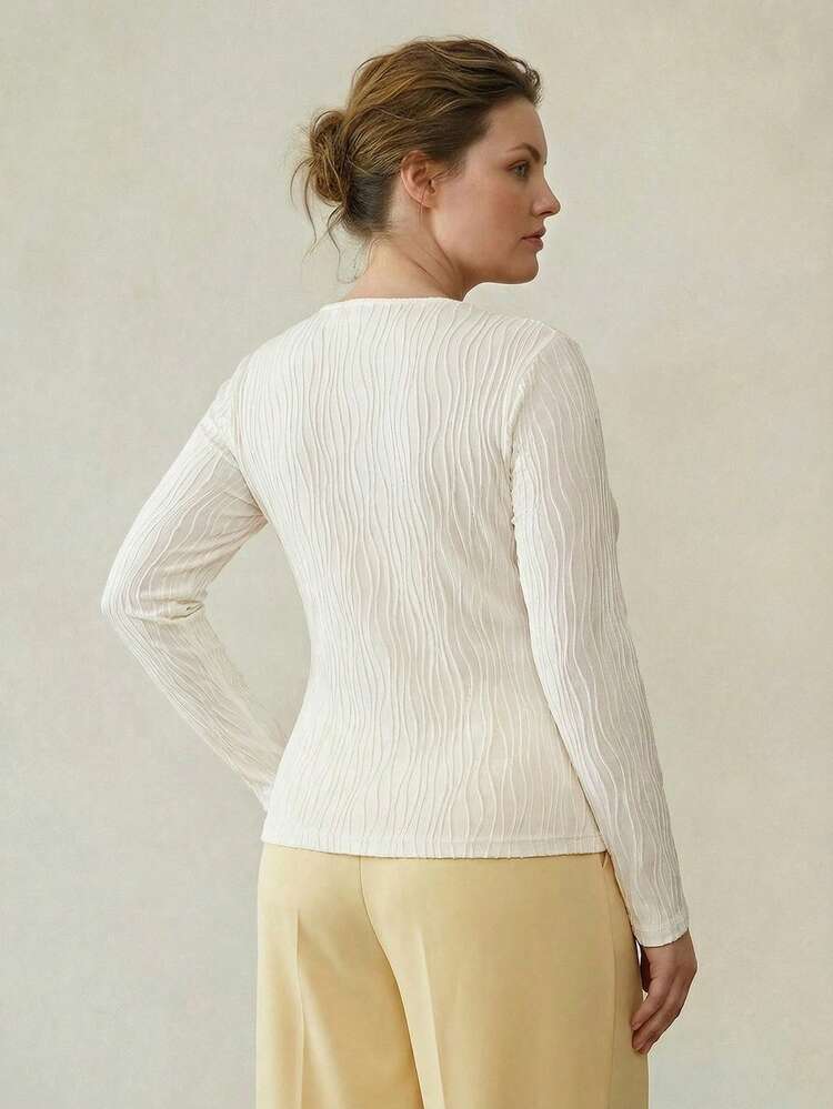 PLUS ASYMMETRIC NECKLINE ELASTIC COMFORTABLE T-SHIRT, TEXTURED KNIT FABRIC, SPRING/SUMMER