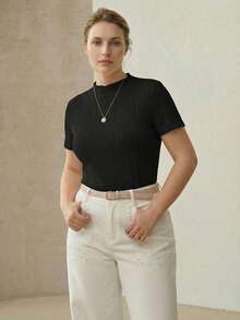 MOTF PREMIUM PLUS ELEGANT KNIT TEXTURED ELASTIC T-SHIRT WITH SMALL STAND COLLAR, SPRING/SUMMER - Black - View 4