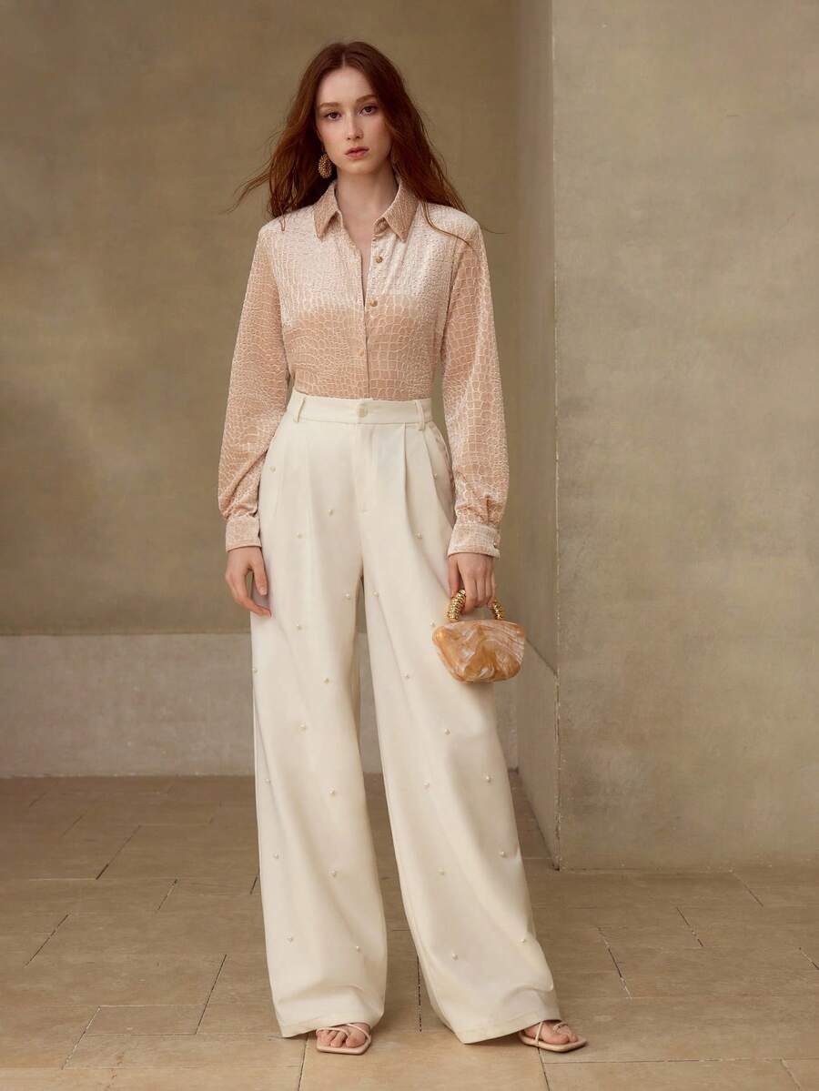 MOTF PREMIUM Blusa in velluto elasticizzato da donna, autunno/inverno - Albicocca - Visualizzare 2