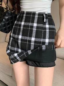 DAZY 女士格子迷你裙，春秋季休闲款 - 深灰色 - 查看 3