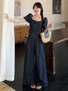 DAZY 女士3D蝴蝶结棉质牛仔上衣和高腰牛仔裤套装，时尚牛仔套装 - 藍色 - 查看 4