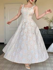 DAZY Women's Elegant Floral Print Sleeveless Dress With Square Neckline, Summer - Apricot - View 3