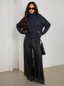 SHEIN PETITE 2025款，适合5-15℃，可叠穿，现代都市风格，黑色蕾丝面料，收腰修身剪裁，女士长裙，优雅百搭，适合日常穿着，新款春夏/夏季派对连衣裙 - 黑色 - 查看 7