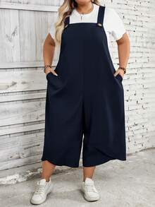 SHEIN CURVE+ Overall Hitam Wanita Ukuran Besar dengan Tali Bahu yang Dapat Diatur, Penutup Kancing, dan Saku di Bagian Kaki yang Terbelah untuk Musim Semi - Navy Blue - View 5