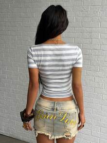 Jeanoix 女士性感Y2K条纹修身T恤 - 彩色 - 查看 2