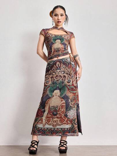 ROMWE Avant 复古中国风佛像印花侧开衩网纱半身裙（女款）