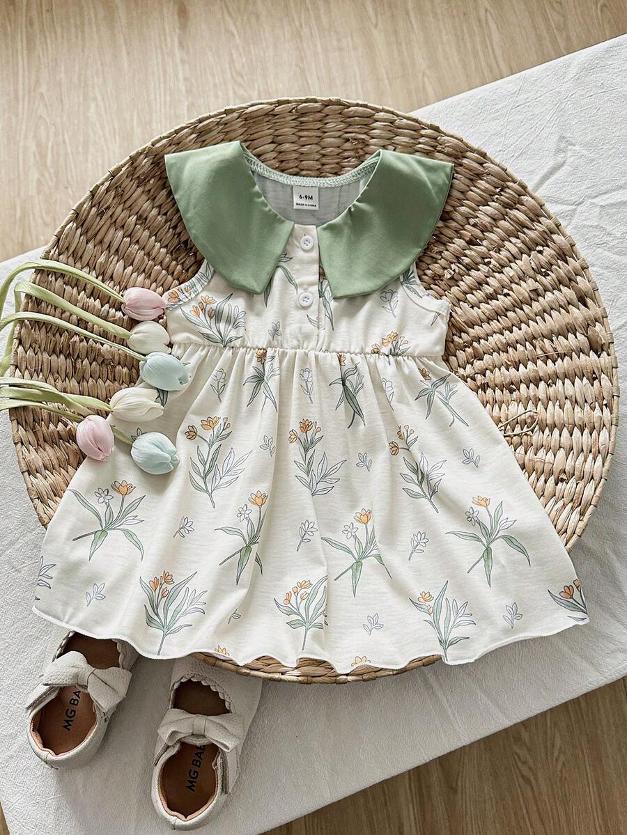 Playful Pals 女婴无袖印花连衣裙，适合休闲穿着、居家和户外玩耍，春夏款 - 淺綠色 - 查看 1