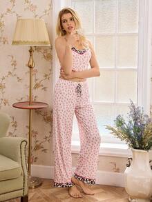SHEIN Women's Romantic Floral & Leopard Print Camisole And Pants Pajama Set - Baby Pink - View 1