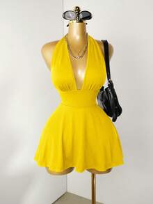 Mistrie Black Tight-Fitting Romper With Deep V-Neck, Backless Strap - Yellow - View 4