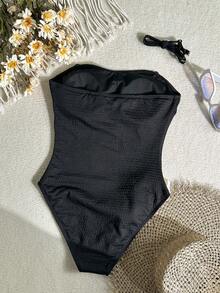 Swim Chiccia 女士夏季沙滩针织提花褶皱面料吊带连体泳衣，饰有花卉图案，休闲优雅 - 黑色 - 查看 5