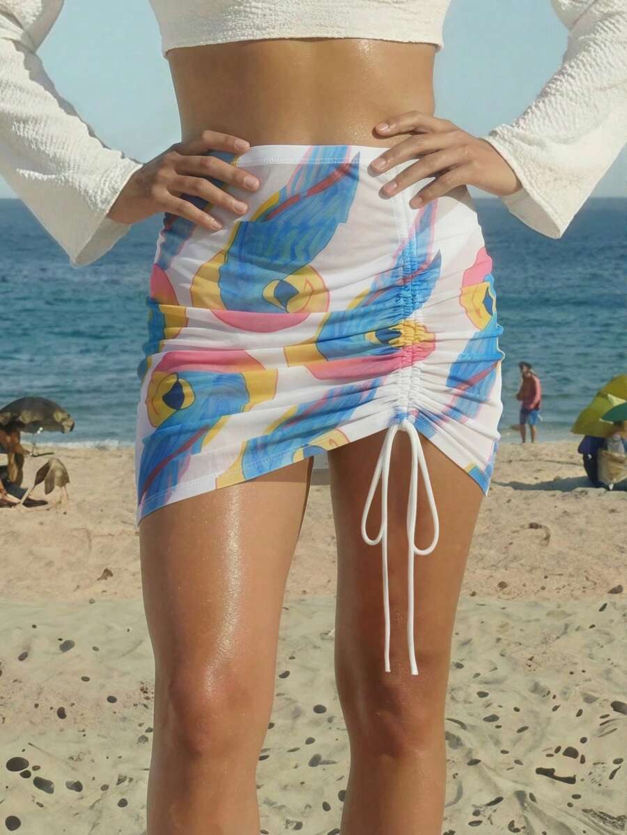 CAJUNI 全身印花褶皱抽绳薄纱罩衫裙，高腰，沙滩装，夏季假期，春季，情人节，时尚女装，女士嘉年华服装，夏季假期，春季，情人节，嘉年华服装，时尚女装，沙滩，度假 - 彩色 - 查看 1