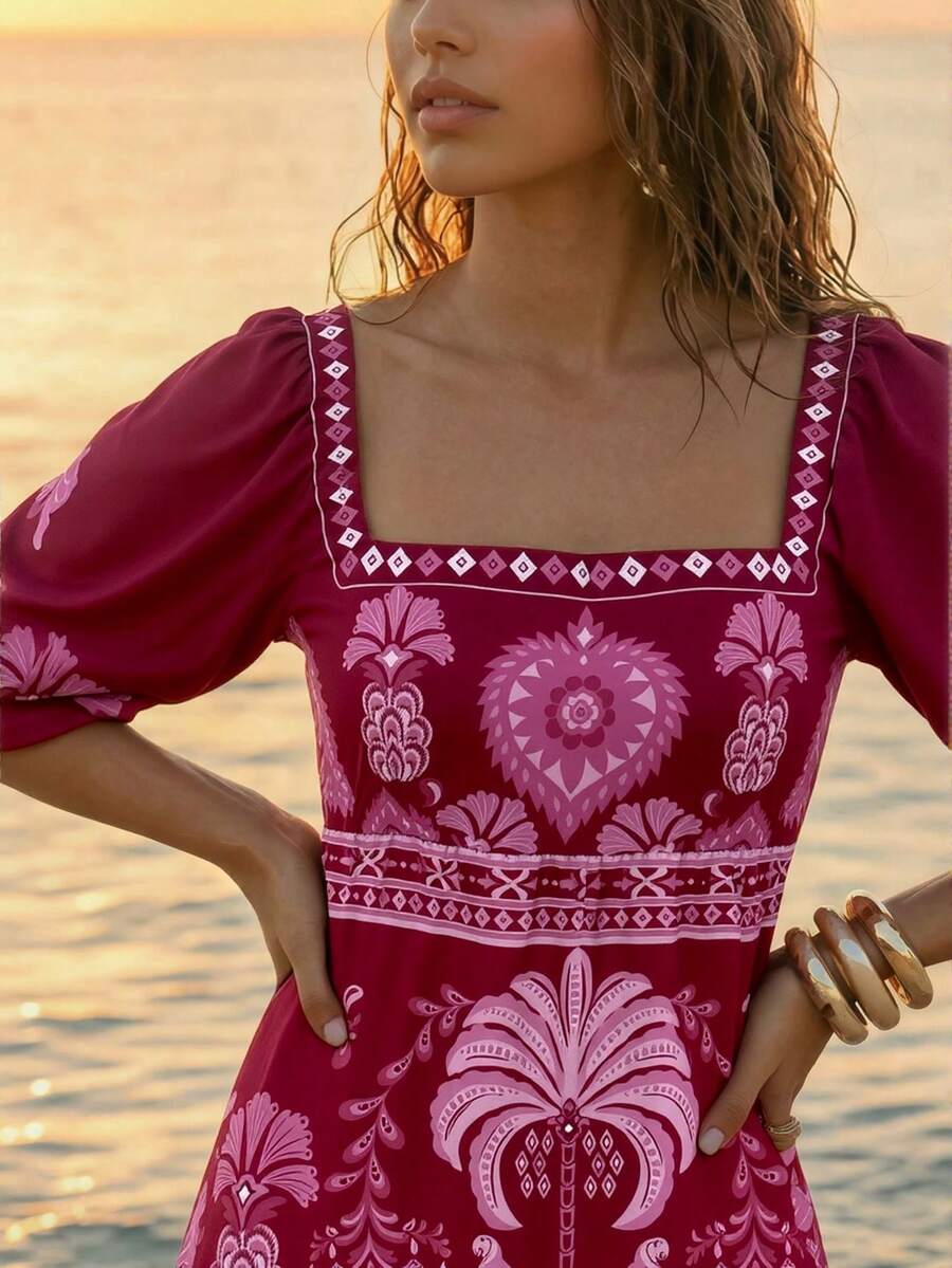 CAJUNI Women's Palm Tree Print Square Neck Lantern Sleeve Fashionable Mini Dress, Suitable For Vacation - Burgundy - View 1