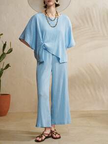 Airaco Set de 2 piezas con top texturizado con pliegues retorcidos y pantalones de pierna ancha - Azul - Ver 4