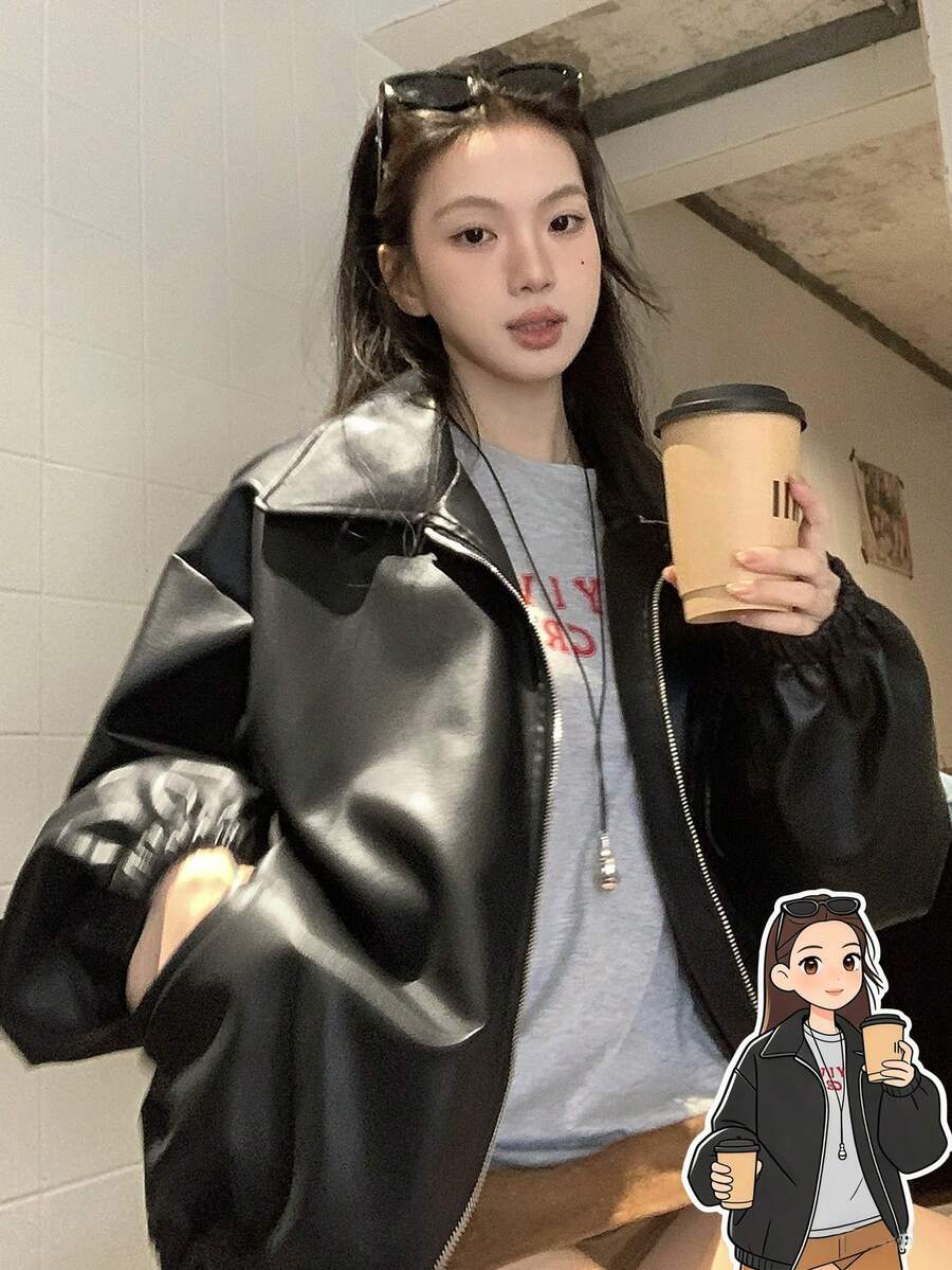 FRIFUL 女士拉链斜插口袋常规翻领PU皮宽松夹克 - 黑色 - 查看 1