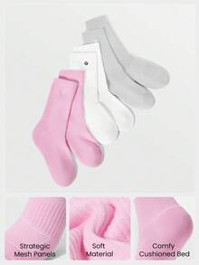 3 Pairs Socks Soft Ventilated Mesh With Embroidered Logo Gym Workout Daily - White+Light Grey+Pink Frosting - View 2