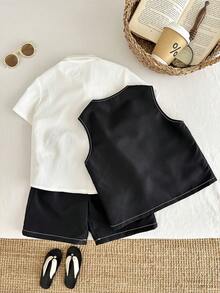 3pcs/Set Young Boy Korean Style Casual Collared Short Sleeve Shirt, Contrast Stitching Loose Vest, And Elastic Waist Shorts Set, Suitable For Commuting, School, Daily Leisure - Black and White - View 9