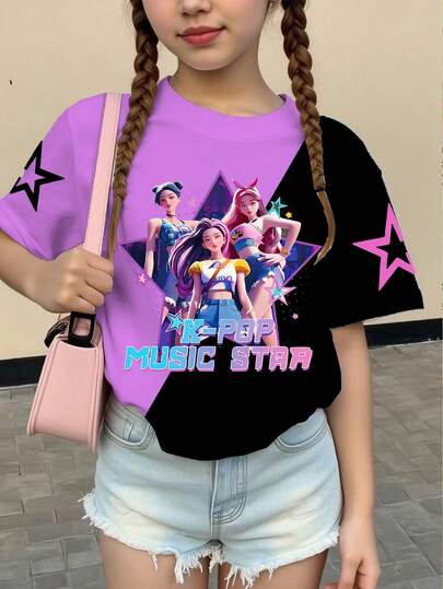 2 st/set söt & cool Kpop-tjej grafisk lapptäcke svart & lila kortärmad lös blus, lämplig för tjejer, perfekt present till högtider, vår, sommar, höst, vinter