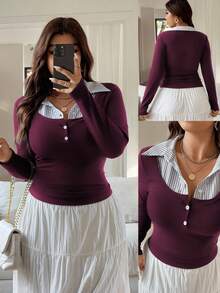 Vionelle 大码女式法式休闲拼接长袖T恤 - 中紫紅色 - 查看 1