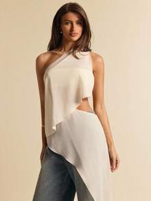 SHEIN BAE 不对称杏色雪纺透视露肩露背女式上衣，优雅雪纺透视上衣，适合外出、度假、海滩、婚礼宾客、早午餐等场合。 - 杏色 - 查看 4