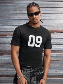 AXEPEAK Men's Numeric Print Round Neck Raglan Short Sleeve Casual Versatile T-Shirt - Black - View 3