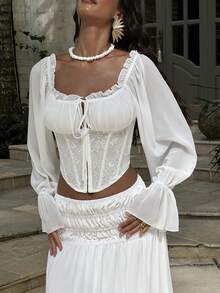 Opulessa Elegant Casual Beach Wedding Vacation White Women's Solid Color Off-Shoulder Long Sleeve Blouse, Spring/Summer Boho - White - View 4
