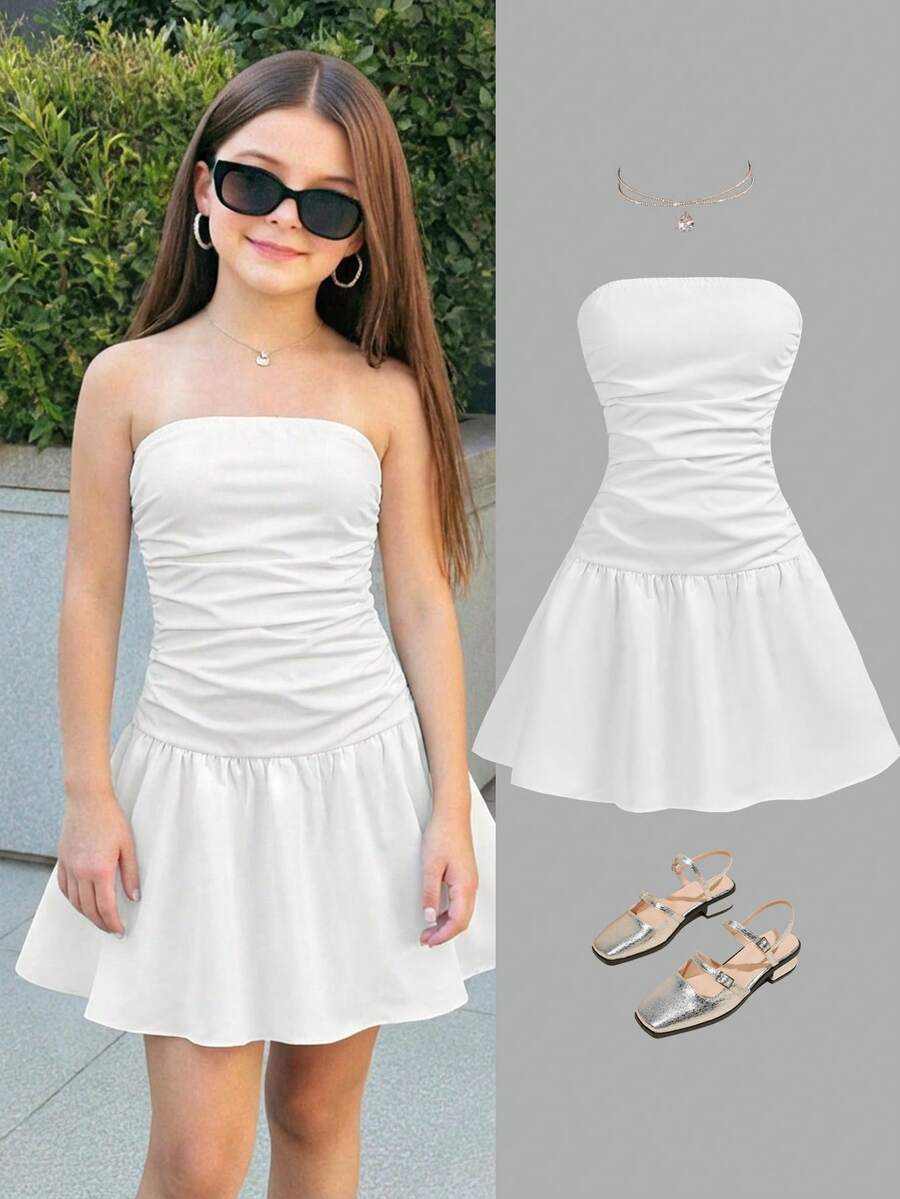 Firerie Kids Firerie Kids 少女褶裥腰身无袖休闲连衣裙，时尚百搭，适合派对、郊游、姐妹合照、公园、露营、度假、日常休闲穿着 - 白色 - 查看 1