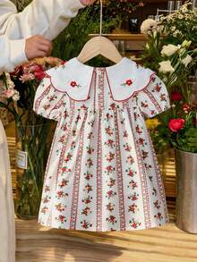 SHEIN 女嬰刺繡領短袖復古數位印花洋裝，米白色，夏季，可愛，家庭穿搭時尚休閒度假套裝 - 杏色 - 查看 6