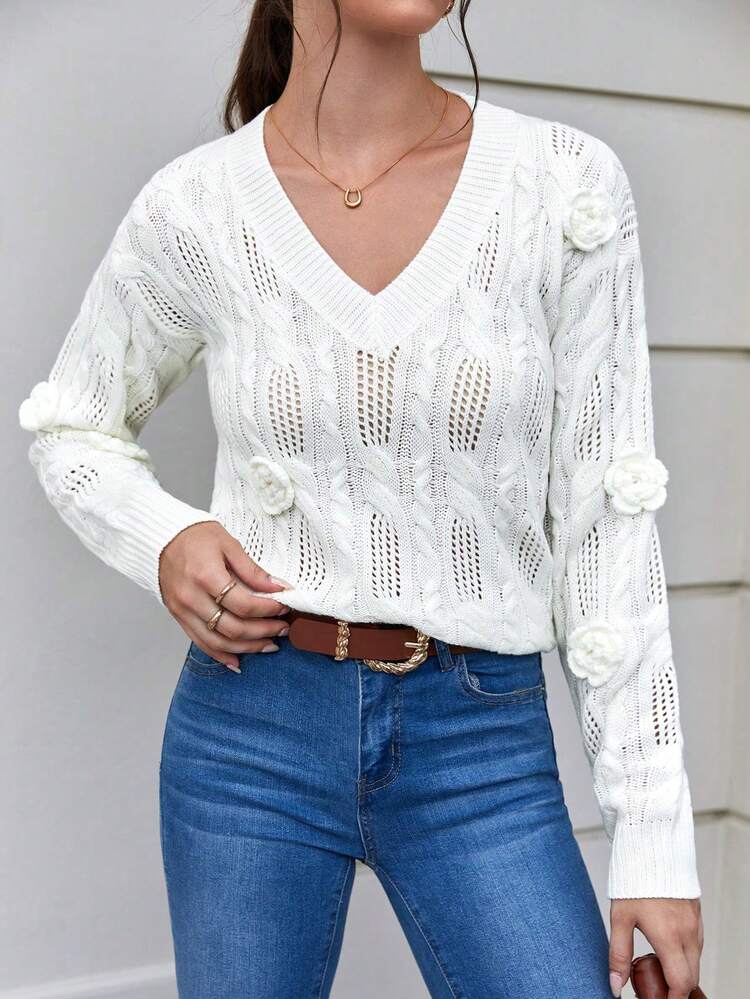 Stereo Flowers Pointelle Knit Drop Shoulder Knit Pullover Fall Winter Sweater