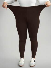 SHEIN CURVE+ Leggings femininas plus size de cor sólida, versáteis e minimalistas, adequadas para o trabalho/escritório, academia e como leggings térmicas para outono/inverno. - Castanho Café - Ver 4