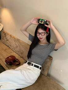 DAZY 女士圆领条纹韩版休闲长袖T恤，春秋季 - 黑色 - 查看 3