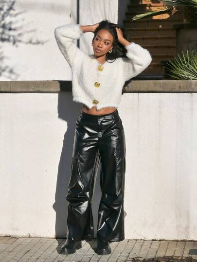 Yess Loren Women's Rapper Basic Athleisure Leather Black Cargo Pants