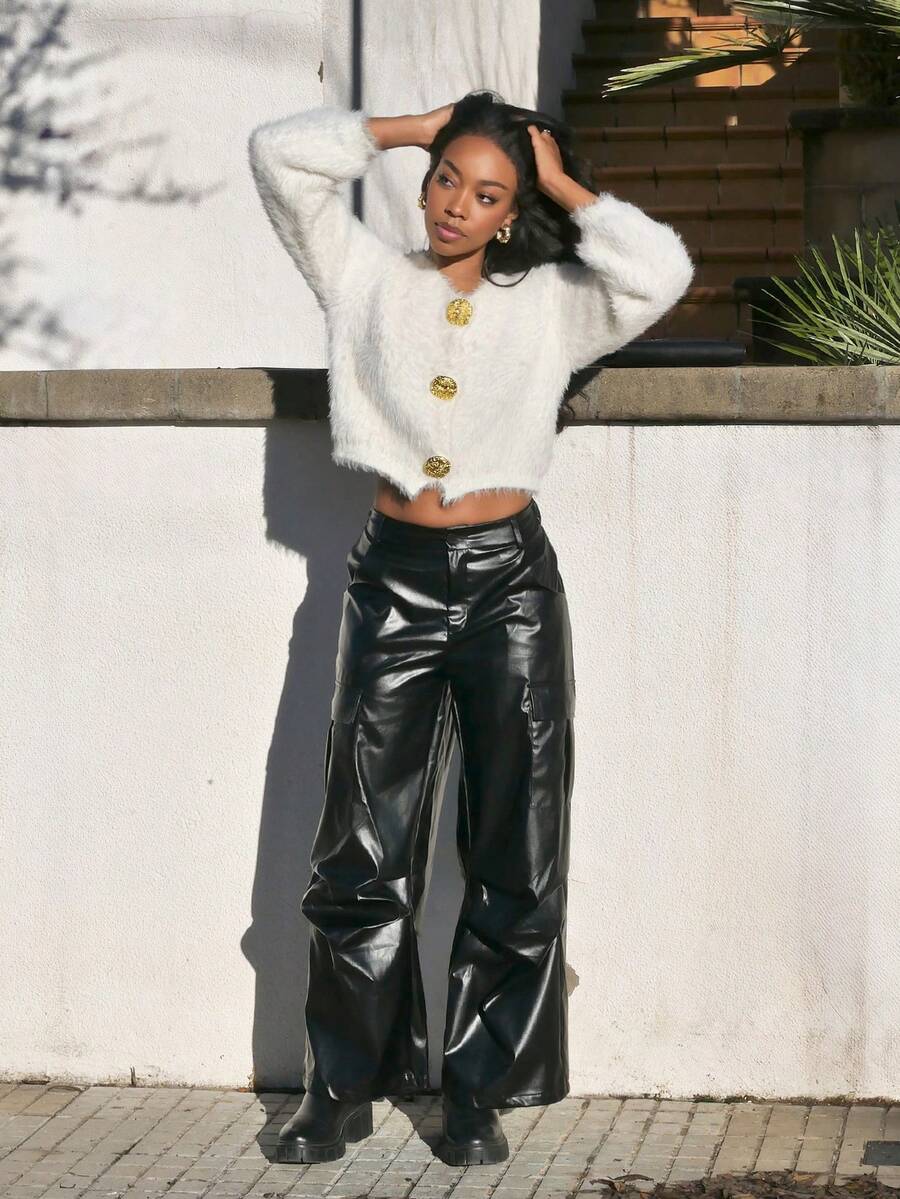 Yess Loren 女款 Rapper 基本款运动休闲皮革黑色工装裤