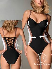 Shapewave 1pc Women's Colorblock Cutout One-Piece Swimsuit Shapewear Swimsuit Back Tie Swimsuit One Piece Swimsuit Tummy Control Bodysuit For Women - Multicolor - View 9