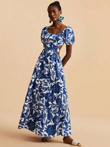 Travachic Women's White And Blue Floral Puff Sleeves Cutout Waist Dress,Boho Autumn Vacation Holiday Outfits,Elegant Party,Luxury Wedding Bridesmaid Ceremony - Multicolor - View 6