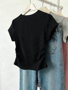 Resyla Women's Numeric Print Crew Neck Short Sleeve Pleated Casual T-Shirt - Black - View 2