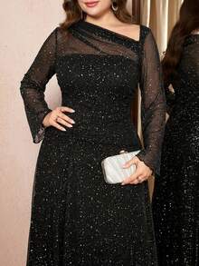 SHEIN Clasi Plus Size Elegant Black Autumn Formal Evening Shiny Pleats Party Dress For Women Christmas Party Outfit Rave Outfit - Black - View 9