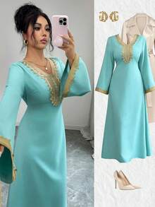 Elenzga 女士优雅金色蕾丝边V领装饰连衣裙，A字廓形凸显腰线，撞色蕾丝边设计，春夏新款，女士圣诞派对装扮，适合情人节约会、下午茶、通勤、派对、感恩节、返校季、乡村音乐节、约会之夜、生日及日常穿着。另有土耳其蓝连衣裙、阿拉伯风格连衣裙可供选择。 - 綠色 - 查看 3