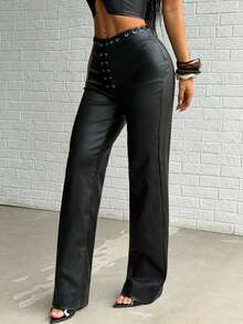 Jeanoix Y2K Women Coated Eyelet Lace-Up Front Straight Leg Loose Pants - Black - View 3