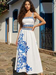 CAJUNI 女士夏季度假休闲印花吊带背心上衣和半裙套装 - 米色 - 查看 3