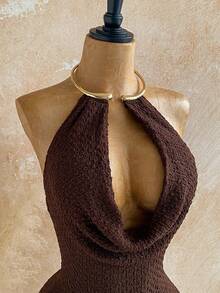 Soleia 棕色深V领金属颈链连体衣（女款） - 棕色 - 查看 4