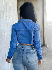 Vassilux Women Distressed Raw Hem Cropped Denim Jacket, Long Sleeve - Light Wash - View 5