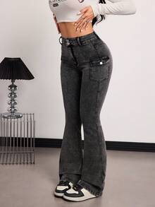 SHEIN Tall Quần jeans ống loe cạp cao có túi, kiểu dáng thường ngày, đa năng dành cho nữ, mùa xuân/hè. - màu đen - Xem 5